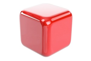A shiny red cube with smooth edges and a glossy surface, showcasing its geometric shape. png