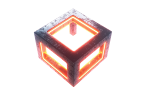 A glowing, geometric cube with a hollow center and illuminated edges, showcasing a blend of texture and light. png