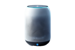 Smart speaker with a sleek design featuring a mesh grille and illuminated top panel for interactive controls. png