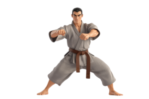 A martial artist in a fighting stance, wearing a gray uniform and a brown belt, showcasing strong posture and readiness for action. png