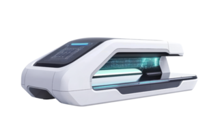 A sleek, modern device designed for advanced scanning or diagnostics, featuring an interactive display and illuminated components. png