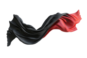 A flowing piece of fabric, blending shades of black and red, elegantly draped and showcasing intricate textures and movement. png