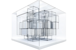 A geometric structure composed of intersecting cubical frames, creating a complex, three-dimensional form. png
