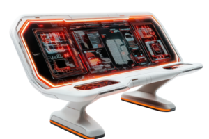 A futuristic interactive console featuring glowing panels and intricate circuit designs, designed for advanced technological applications. png
