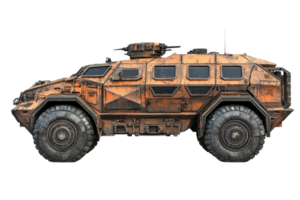 A rugged armored vehicle with a distinctive orange and black camouflage pattern, designed for military or tactical use. png