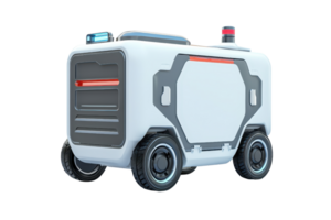 A compact, wheeled utility vehicle featuring a white exterior, flashing lights, and a distinct design for various operational tasks. png