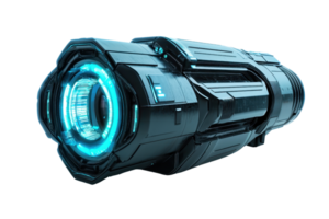 A futuristic, cylindrical device with a glowing blue ring, showcasing intricate mechanical details and a sleek design. png
