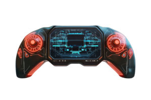 A futuristic gaming controller featuring glowing elements and a digital interface, designed for immersive gaming experiences. png