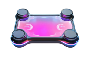 A sleek, illuminated gaming controller with a colorful, glowing surface and ergonomic design. png