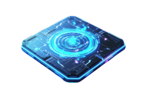 A futuristic holographic device with a glowing circular interface, showcasing intricate patterns and blue light effects. png