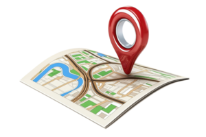 A stylized map features a prominent red location pin, highlighting a specific area on the map's detailed streets and pathways. png
