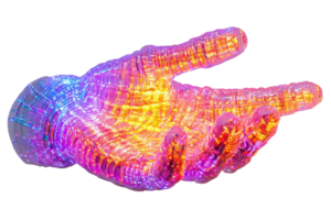 A vibrant, illuminated hand sculpture with intricate design and colorful light patterns. png