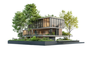 A modern architectural design featuring a multi-level building surrounded by lush greenery. png