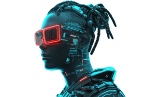A futuristic figure with intricate circuit patterns and neon glasses, embodying a blend of technology and human features. png