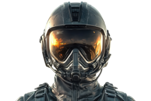 A detailed pilot helmet featuring a reflective visor, designed for high-altitude flight with a sleek, modern aesthetic. png
