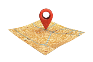 A 3D map with a red location pin, highlighting a specific point on a detailed city layout. png