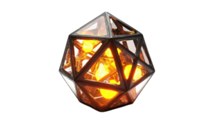 A geometric light fixture with an intricate design, glowing warmly from within, showcasing reflective surfaces and angular shapes. png