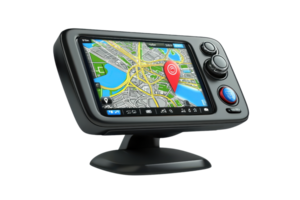 A GPS navigation device featuring a colorful map display with a location marker prominently shown. png