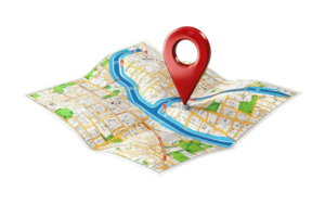 A colorful map folded with a prominent location pin marking a specific point. png