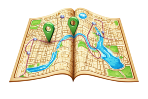 A detailed map with highlighted routes and two green location markers prominently displayed. png