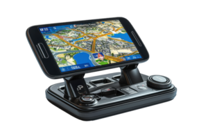 A smartphone mounted on a gaming controller, displaying a detailed map interface. png