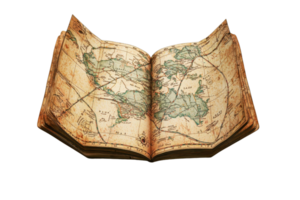 a envelhecido, aberto mapa livro exibindo intrincado geográfico características e vintage estética. png
