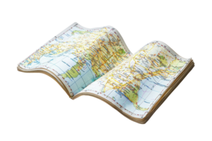 A folded map displaying geographic details and locations, indicating various regions and landmarks. png