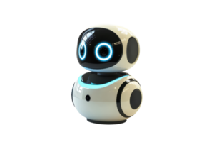 A sleek, futuristic robot with a round body and glowing blue features, designed for interaction and engagement. png