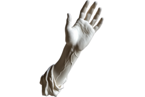 A realistic hand sculpture, showcasing detailed fingers and wrist, with a textured surface that emphasizes its lifelike appearance. png