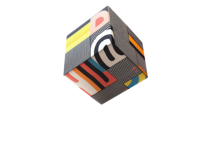 A colorful cube adorned with abstract patterns and vibrant designs, showcasing a modern artistic style. png