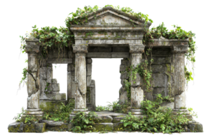 An ancient structure overrun with greenery, featuring weathered columns and ornate details, showcasing the passage of time. png