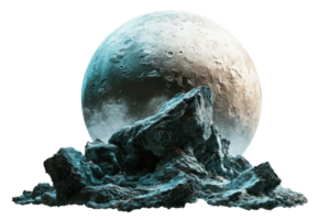 A large moon hovers above a rocky, textured surface, showcasing intricate details and a captivating, ethereal glow. png