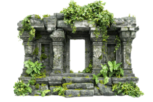 An ancient stone structure adorned with intricate carvings, surrounded by lush greenery and vines, evoking a sense of history and nature's reclamation. png