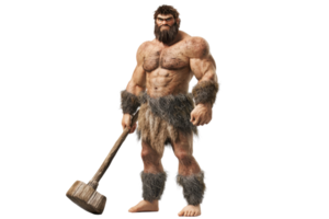 A muscular caveman character stands confidently, wielding a large stone hammer, showcasing a rugged appearance with fur attire. png