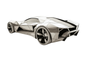 A sleek, futuristic sports car with an angular design and prominent wheels, showcasing a unique, artistic style. png