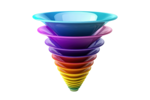 A vibrant stack of colorful bowls arranged in a cone shape, showcasing a gradient of hues from blue to yellow. png