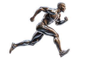 A muscular athlete in mid-stride, showcasing powerful legs and a determined expression while running swiftly. png