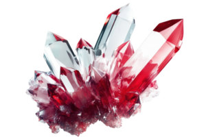 A striking cluster of red and clear crystals, showcasing sharp facets and a vibrant color contrast. png