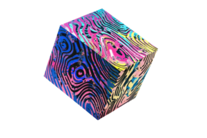 A vibrant, multicolored cube featuring intricate, swirling patterns that create a dynamic visual effect. png