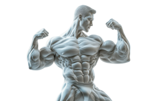 A muscular figure showcasing defined biceps and a strong physique in a dynamic pose. png