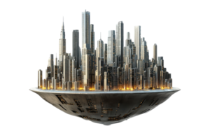 A futuristic cityscape featuring tall skyscrapers, hovering above a sleek, circular base, illuminated with a warm glow. png