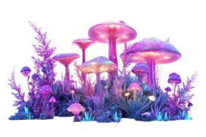 Colorful, luminescent mushrooms create a fantastical scene, with various sizes and vibrant hues illuminating the surroundings. png