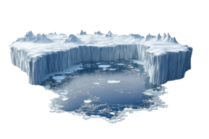 A large ice formation featuring jagged edges and a reflective water surface, showcasing intricate textures and shapes. png