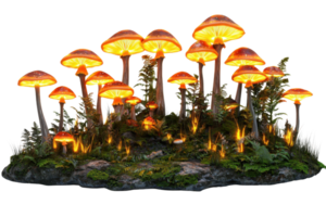 A cluster of glowing mushrooms with orange caps and illuminated stems, creating a mystical, enchanting forest scene. png
