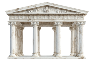 A classical temple structure featuring tall columns and intricate detailing on the roof, showcasing ancient architectural elegance. png
