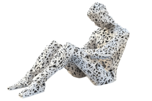 A complex, abstract sculpture of a seated figure, featuring intricate patterns and a stylized, skeletal appearance. png