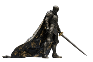 A detailed knight figure in ornate armor, holding a sword, draped in an intricately designed cloak, exuding a sense of strength and valor. png