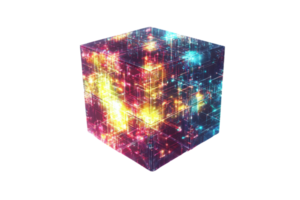 A vibrant, illuminated cube displaying a dazzling array of colors and patterns, creating a sense of depth and energy. png