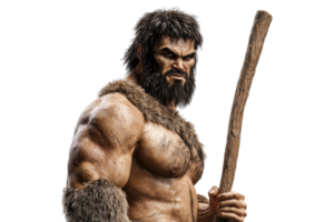 A muscular caveman wielding a wooden stick, showcasing a fierce expression and rugged features. png