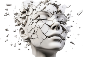 A sculptural representation of a face shattering, with cracks and fragments depicting a surreal and abstract interpretation of human form. png